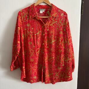 THE TERRITORY AHEAD | Embroidered Batik Orange Pink Yellow Relaxed Shirt | 1X
